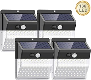 [Nueva versión de 136 LED] Luces solares para exteriores- SEZAC Luces solares para seguridad para exteriores Luces con sensor de movimiento solar para patio- garaje- camino (paquete de 4)